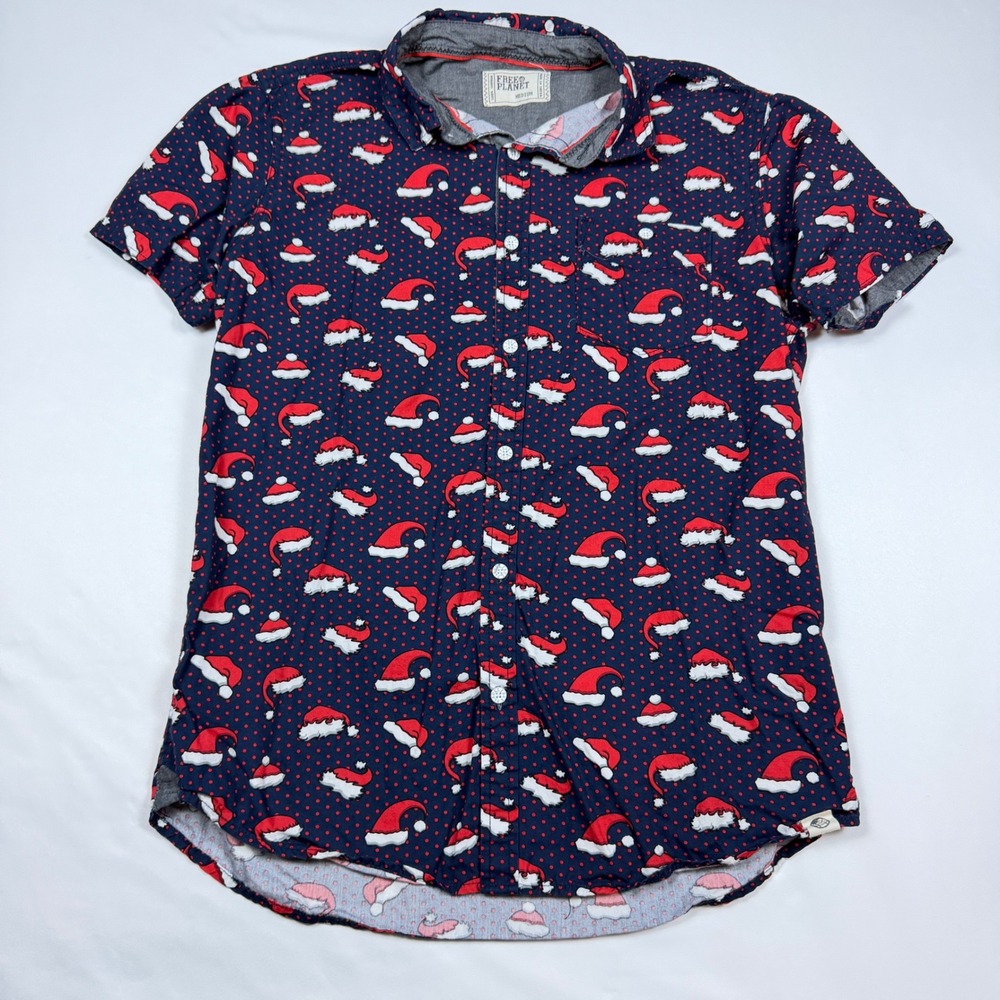 Free Planet Christmas Button Down Mens Medium Navy Santa Hat Polka Dot Shirt